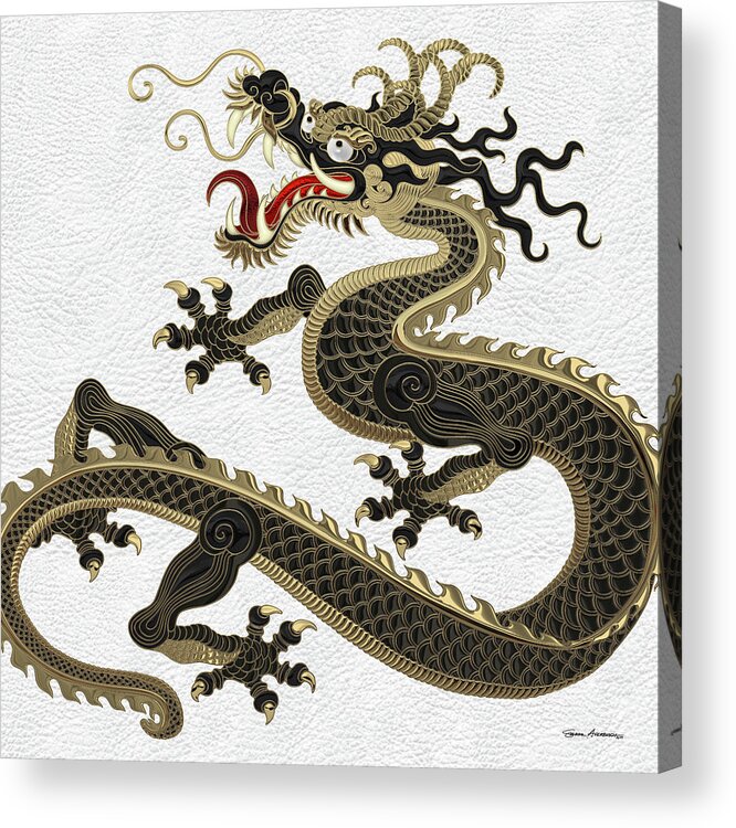‘the Great Dragon Spirits’ Collection By Serge Averbukh Acrylic Print featuring the digital art Black and Gold Sacred Eastern Dragon over White Leather by Serge Averbukh