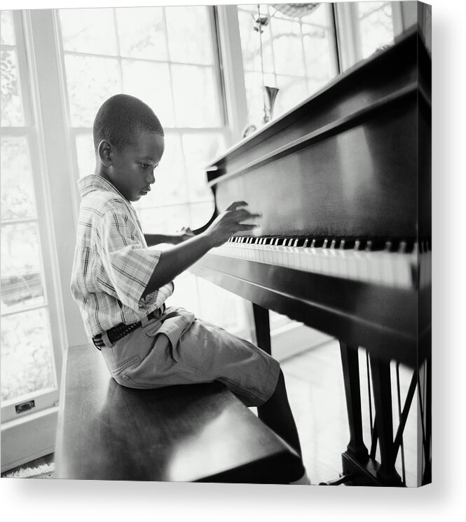 Piano Acrylic Print featuring the photograph Boy 6-8 Playing Piano In Home B&w by Tony Anderson