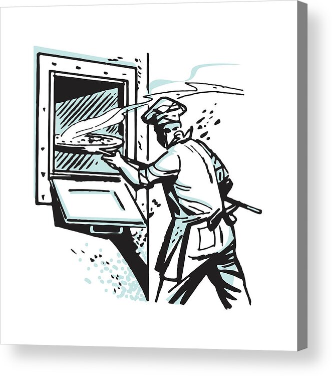 Accessories Acrylic Print featuring the drawing Chef Placing Pizza in Over by CSA Images