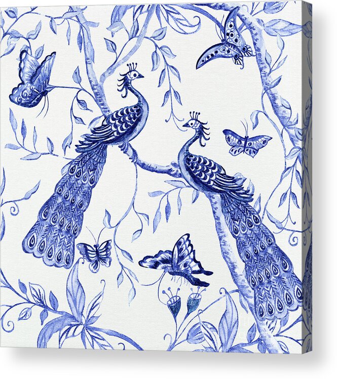 Chinoiserie Acrylic Print featuring the painting Chinoiserie Blue and White Peacocks and Butterflies by Audrey Jeanne Roberts