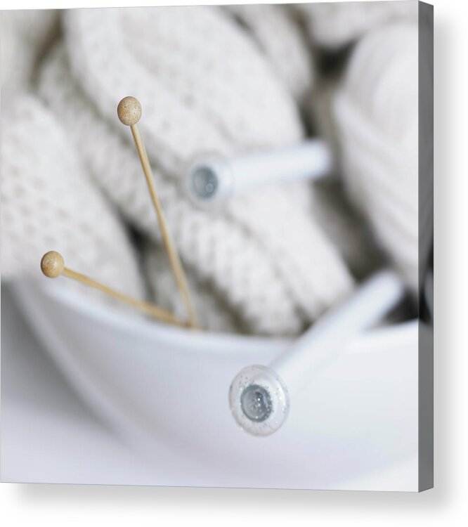 Copenhagen Acrylic Print featuring the photograph Close Up Of Knitting Needles In Bowl by Lisbeth Hjort
