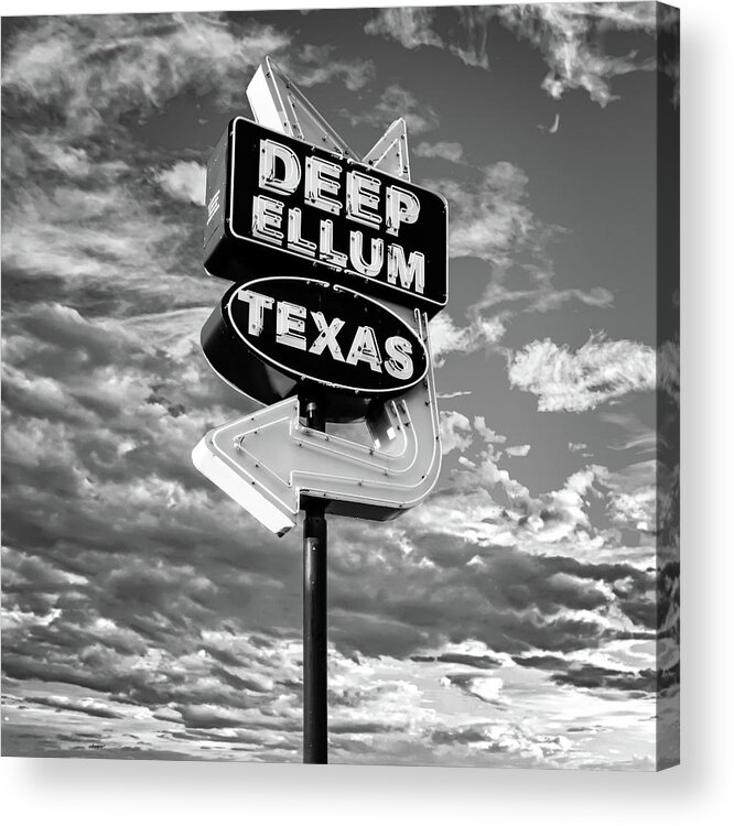 Deep Ellum Neon Acrylic Print featuring the photograph Dallas Deep Ellum Texas Vintage Neon and Clouds - Monochrome by Gregory Ballos
