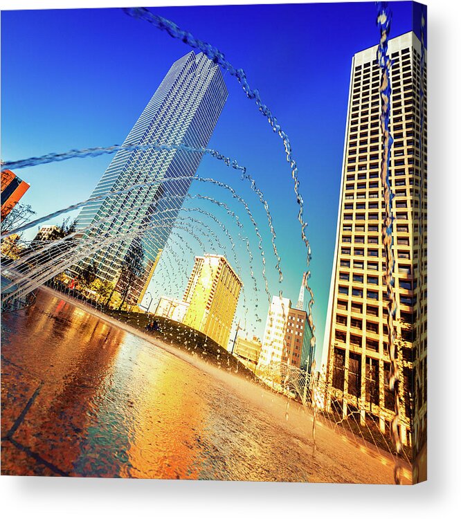 Financial Building Acrylic Print featuring the photograph Dallas Downtown, Water Games In A by Moreiso