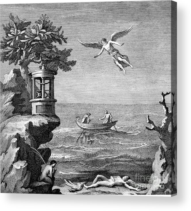 Engraving Acrylic Print featuring the drawing Death Of Icarus, 18th Century Engraving by Print Collector