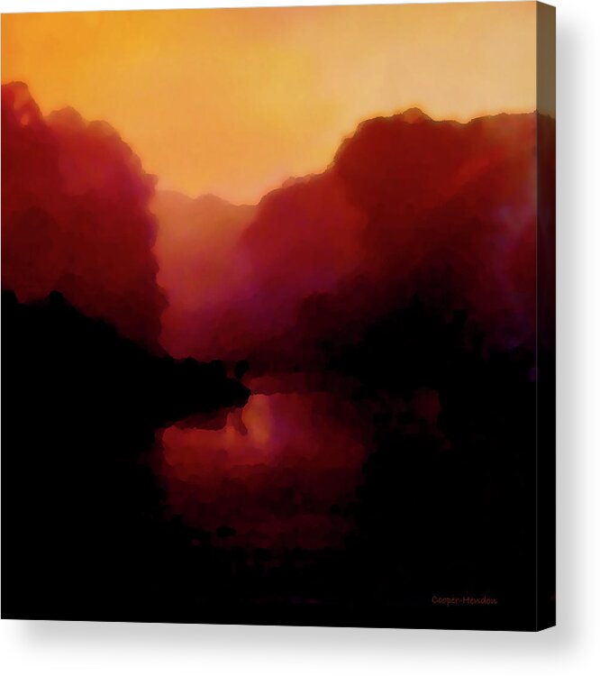 Photography Digital Impressionism Sundown Water Reflections Nature Peggy Cooper Hendon Rust Orange Yellow Acrylic Print featuring the photograph End of Day 3 by Peggy Cooper-Hendon
