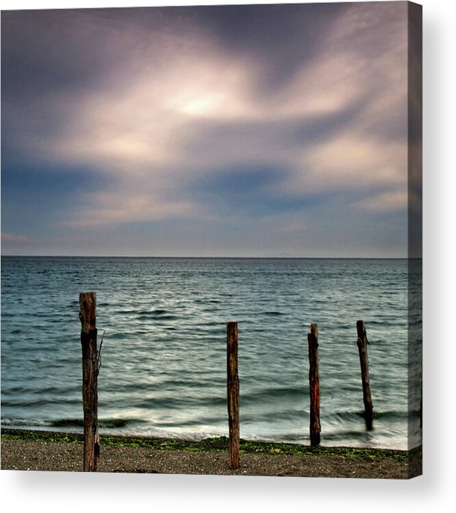 Tranquility Acrylic Print featuring the photograph Fence Post And Ocean by Mitch Diamond