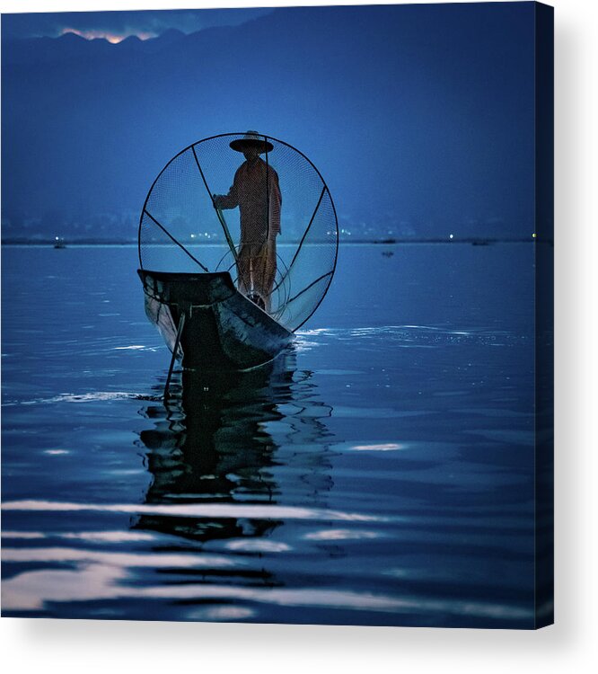 Myanmar Acrylic Print featuring the photograph Fisherman At First Light On Inle Lake by Chris Lord