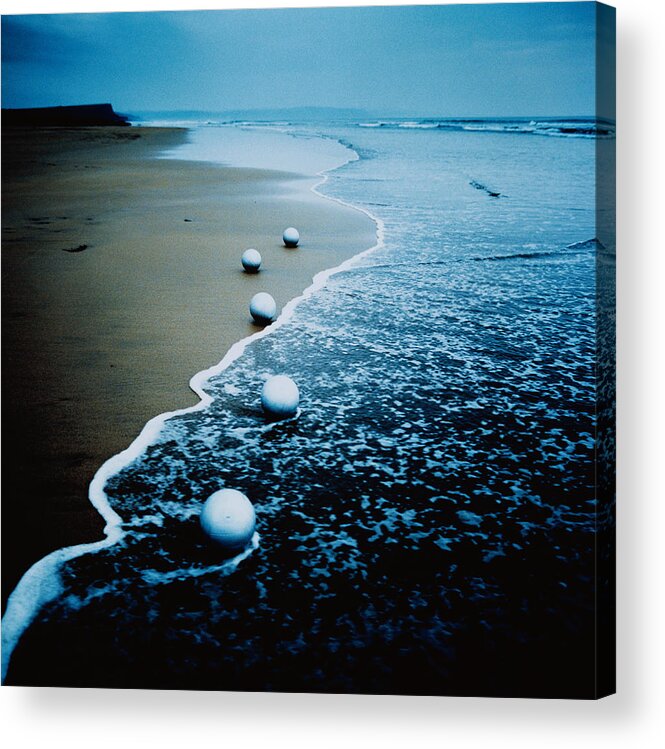 Ball Acrylic Print featuring the photograph Five Silver Balls On Beach by Betsie Van Der Meer