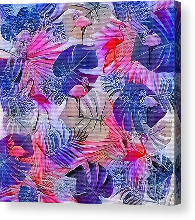 Flamingos And Tropical Leaves Art Acrylic Print featuring the digital art Flamingos and Tropical Leaves Art by Kaye Menner by Kaye Menner