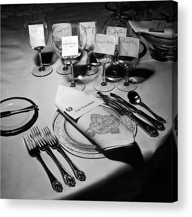 Forks, knives, spoons, wine glasses & invitations, part of the table  settings for a gourmet dinner party. Acrylic Print by Peter Stackpole -  Pixels Merch