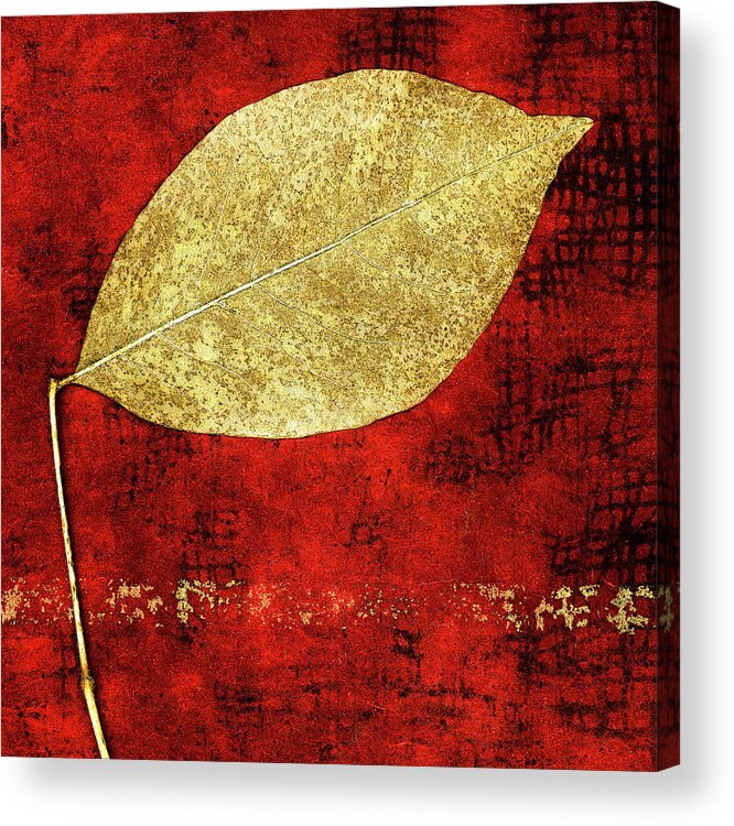 Leaf Acrylic Print featuring the mixed media Golden Leaf on Bright Red Paper Square by Carol Leigh