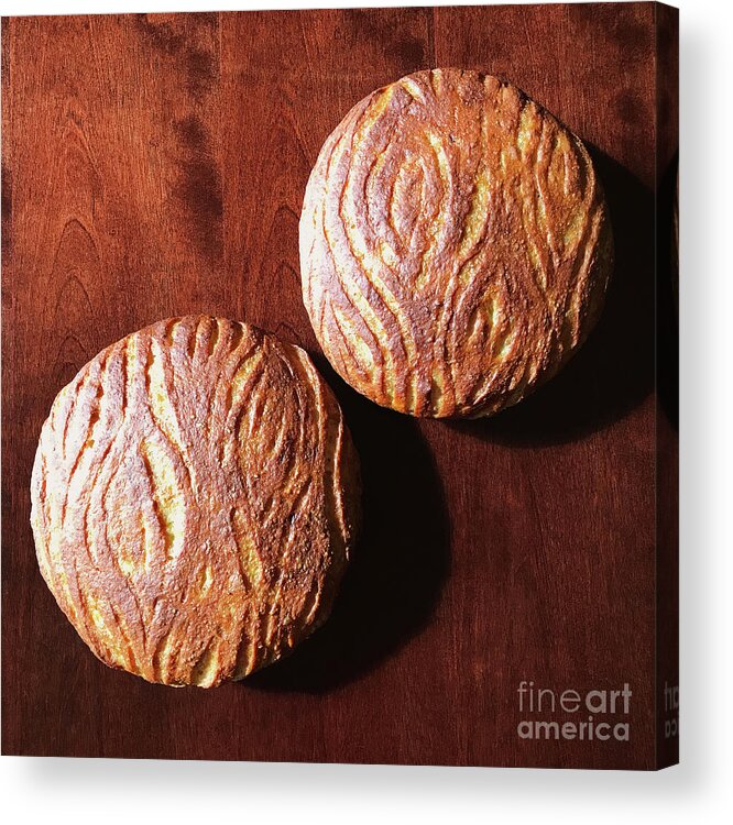 Bread Acrylic Print featuring the photograph Golden Woodgrain Scored Sourdough by Amy E Fraser