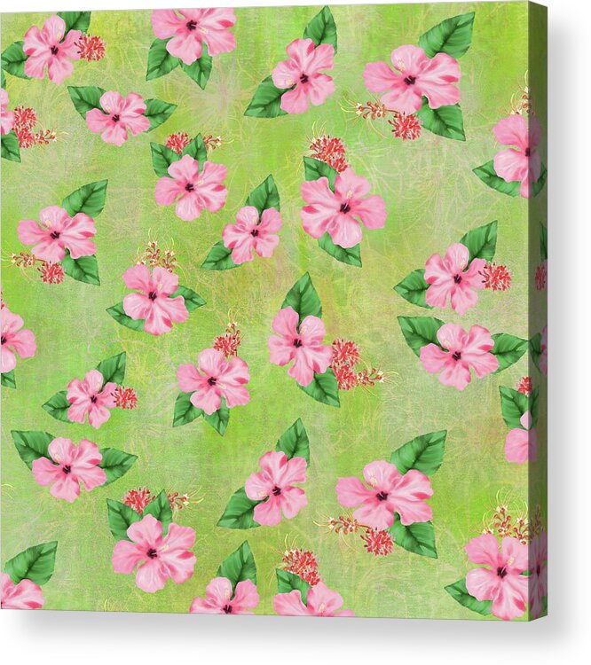 Blooms Acrylic Print featuring the digital art Green Batik Tropical Multi-Foral Print by Sand And Chi