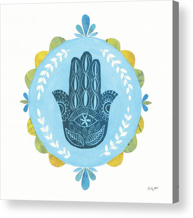 Blue Acrylic Print featuring the mixed media Hamsa Mandala I by Courtney Prahl