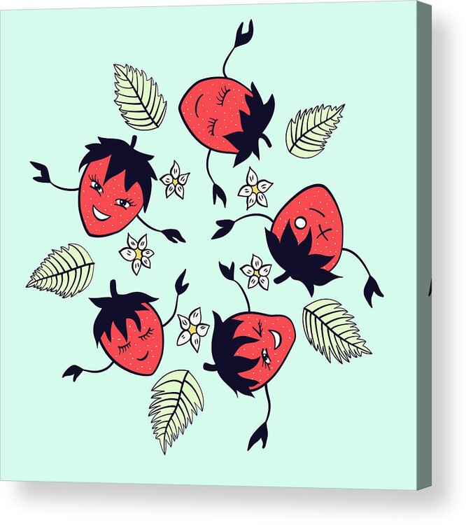 Cute Acrylic Print featuring the digital art Happy strawberry characters fun cartoon by Boriana Giormova