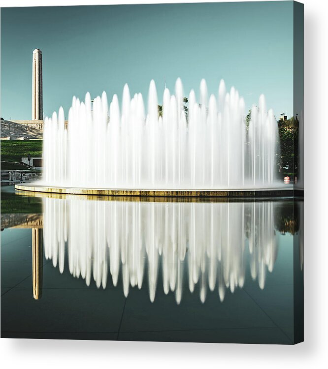 America Acrylic Print featuring the photograph Henry Wollman Bloch Fountain and Liberty Memorial - Square by Gregory Ballos