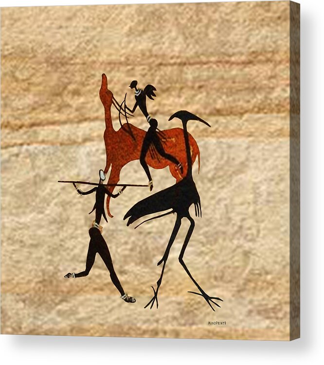 Prehistoric Art Acrylic Print featuring the mixed media Hunting Bushmen by Asok Mukhopadhyay