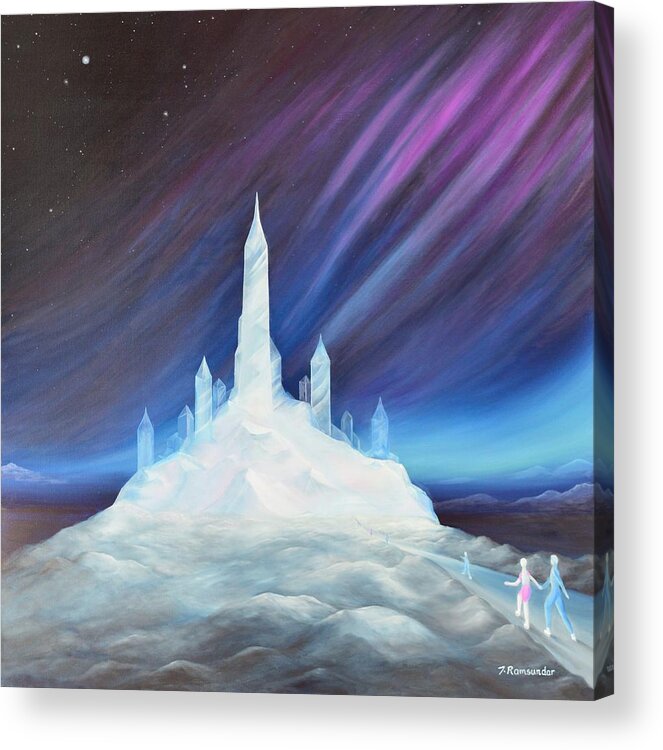 Snow Acrylic Print featuring the painting Journey To The Enchanting Ice Fortress by Torrence Ramsundar