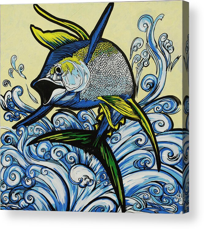 Yellowfin Acrylic Print featuring the painting Jumping Tuna by John Gibbs