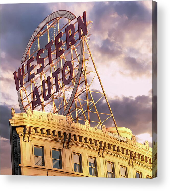 America Acrylic Print featuring the photograph Kansas City Western Auto Neon Sign - Square Format by Gregory Ballos