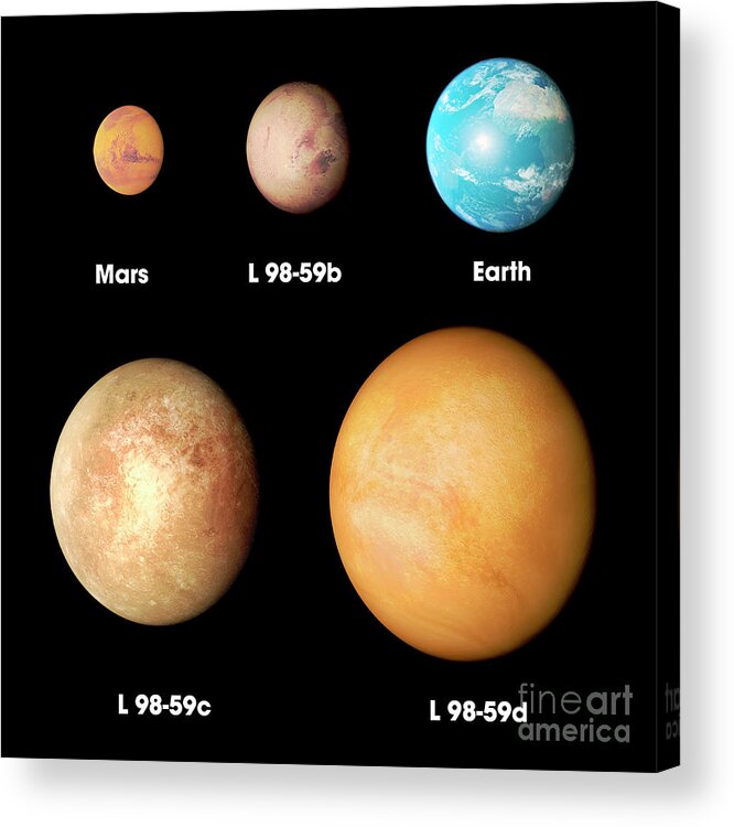 Exoplanets Acrylic Print featuring the photograph L 98-59 Exoplanets Size Comparison by Nasa's Goddard Space Flight Center/science Photo Library