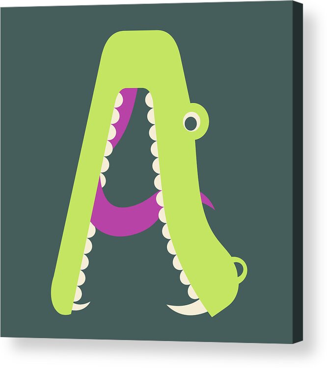 Animal Alphabet Acrylic Print featuring the digital art Letter A - Animal Alphabet - Alligator Monogram by Jen Montgomery