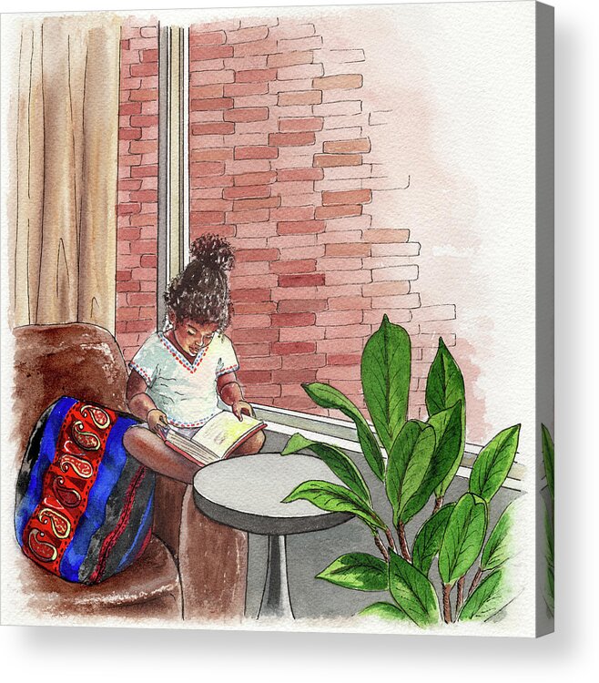 Girl Acrylic Print featuring the painting Little Ethiopian Girl Reads A Book Watercolor by Irina Sztukowski