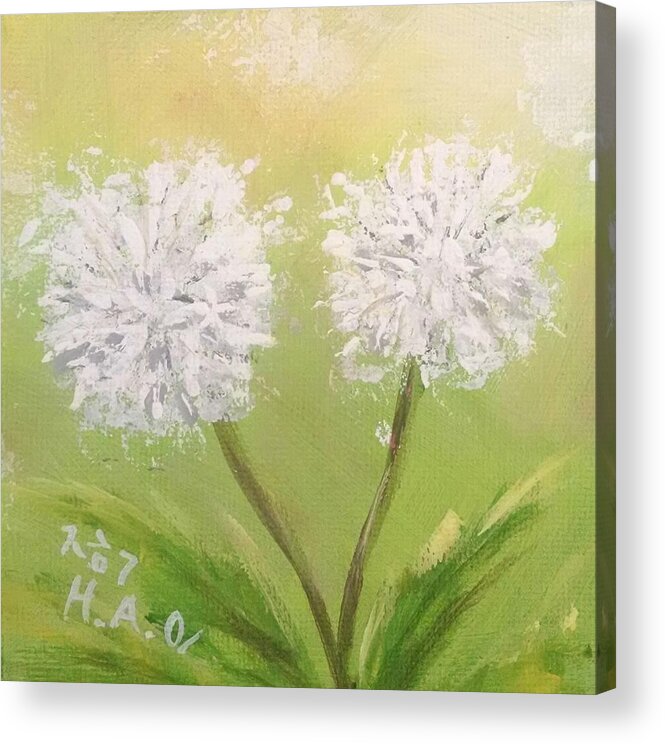 Dandelion Acrylic Print featuring the painting Make Double Wishes by Helian Cornwell