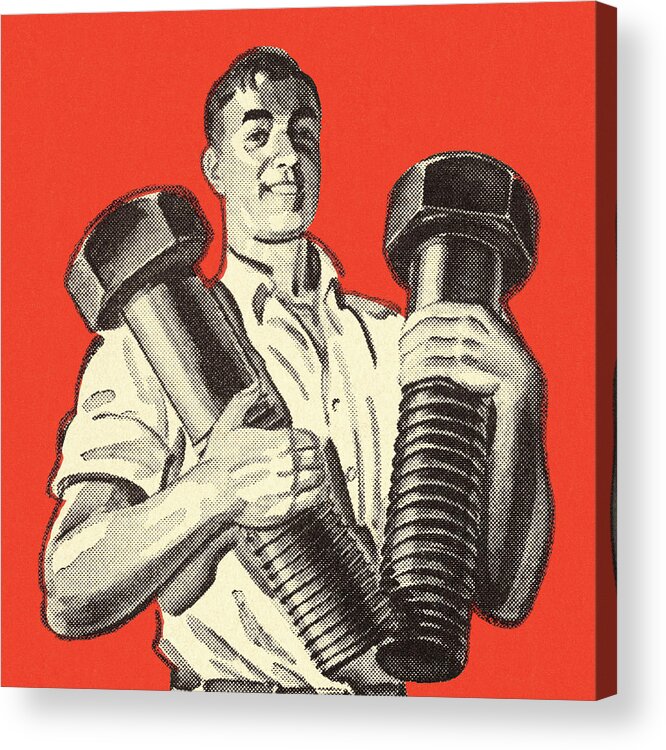 Adult Acrylic Print featuring the drawing Man Holding Two Giant Bolts by CSA Images