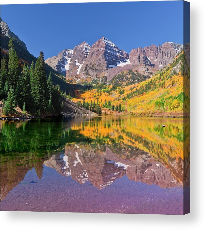Scenics Acrylic Print featuring the photograph Maroon Bells Lake Reflection In Fall by Missing35mm