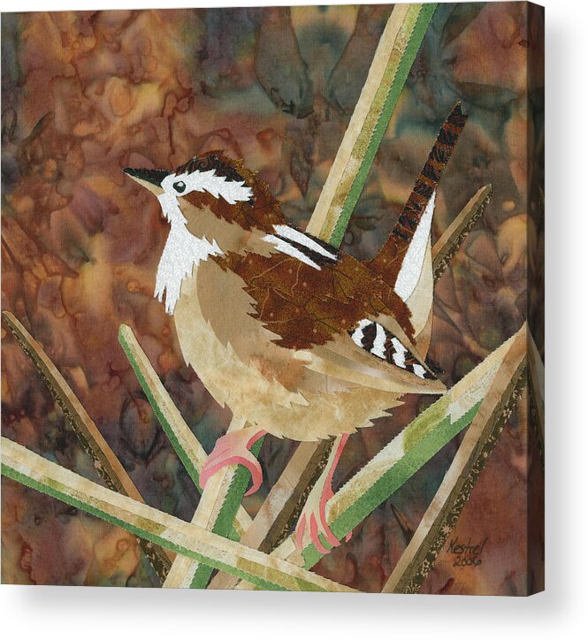 Marsh Wren Made From Fabric Acrylic Print featuring the painting Marsh Wren by Kestrel Michaud