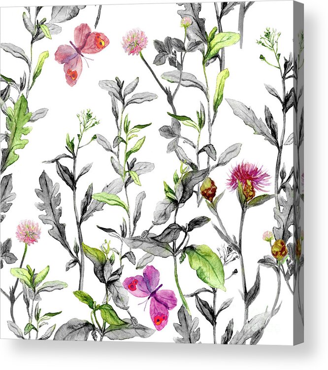 Watercolor Painting Acrylic Print featuring the digital art Meadow Flowers. Seamless Herbal by Zzorik