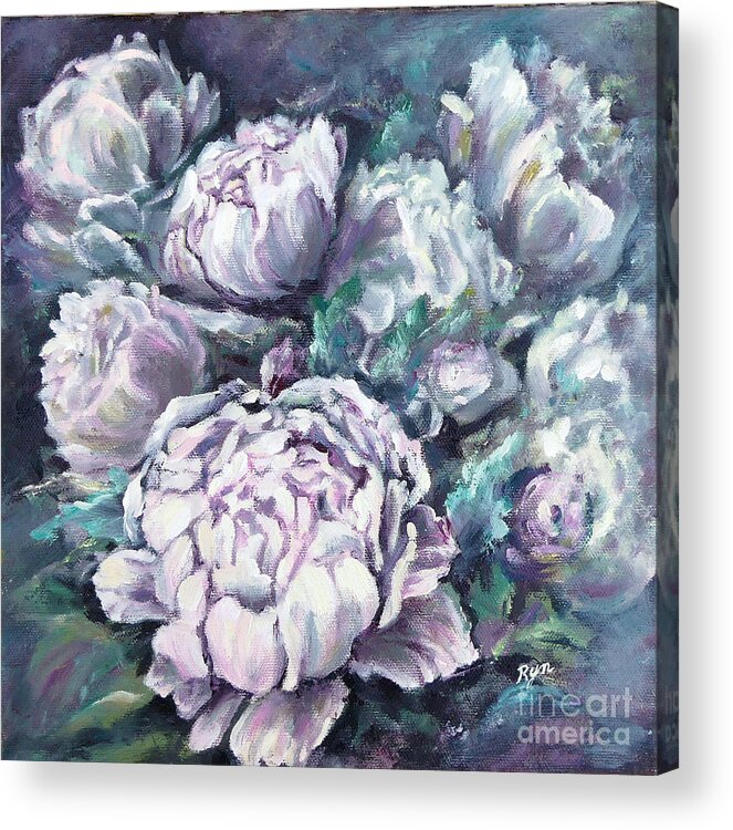 Misty Morning Peonies Acrylic Print featuring the painting Misty Morning Peonies by Ryn Shell