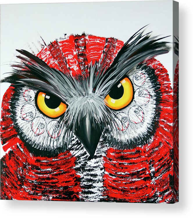 Owl Acrylic Print featuring the painting OL Red White Black by Laurel Bahe