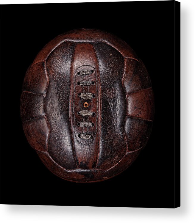 Ball Acrylic Print featuring the photograph Old Leather Football On Black by Justin Lambert