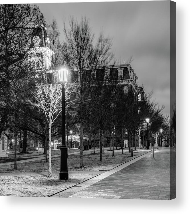 America Acrylic Print featuring the photograph Old Main at Dusk - Monochrome - University of Arkansas by Gregory Ballos