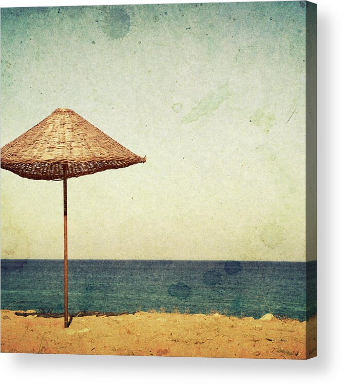 Empty Acrylic Print featuring the photograph Old Postcard, Beach Umbrella On Shore by Barcin