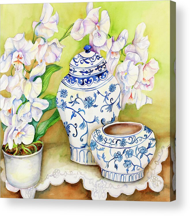 Orchid With China Vases Acrylic Print featuring the painting Orchid With China Vases by Joanne Porter