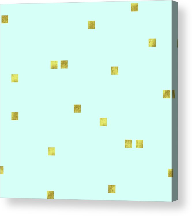 Pale Aqua Golden Squares Confetti Acrylic Print featuring the digital art Pale Aqua Golden Squares Confetti by Tina Lavoie