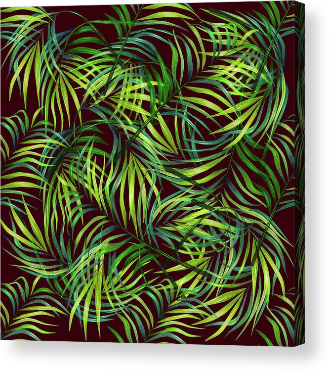 Palm Acrylic Print featuring the mixed media Palm Leaf Pattern 2 - Tropical Leaf Pattern - Green, Black - Tropical, Botanical Pattern Design by Studio Grafiikka