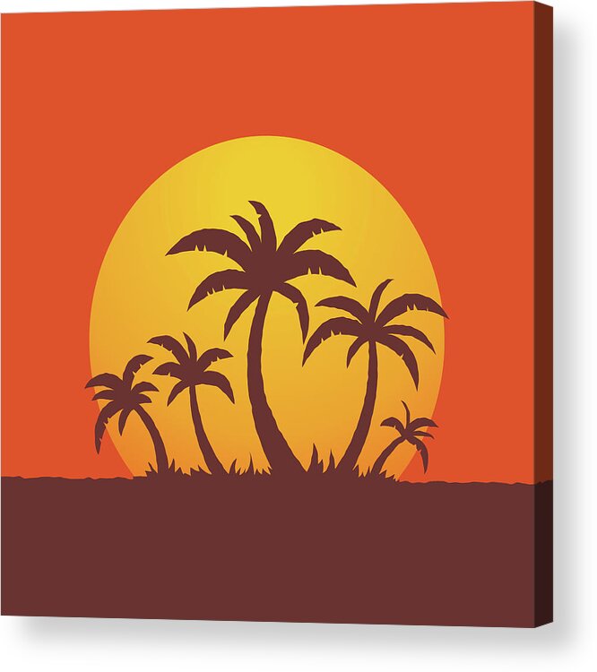 Sea Acrylic Print featuring the digital art Palm Trees and Sun by John Schwegel