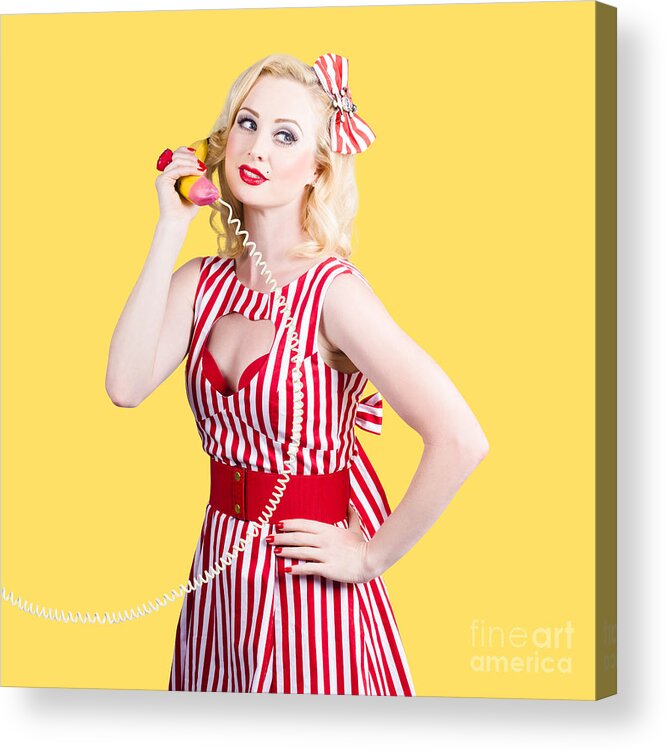 Pinup Acrylic Print featuring the photograph Pin up woman ordering organic food on banana phone by Jorgo Photography