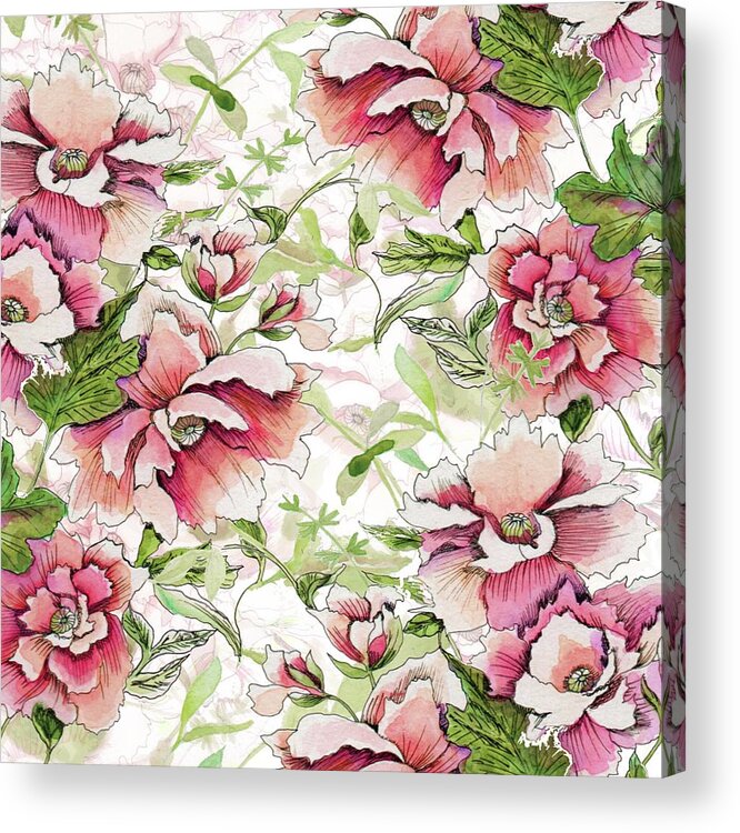 Peony Acrylic Print featuring the painting Pink Peony Blossoms by Sand And Chi
