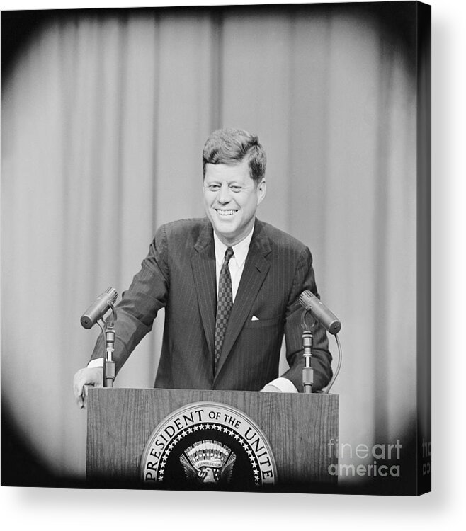 Mature Adult Acrylic Print featuring the photograph President Kennedy Smiling At Press by Bettmann
