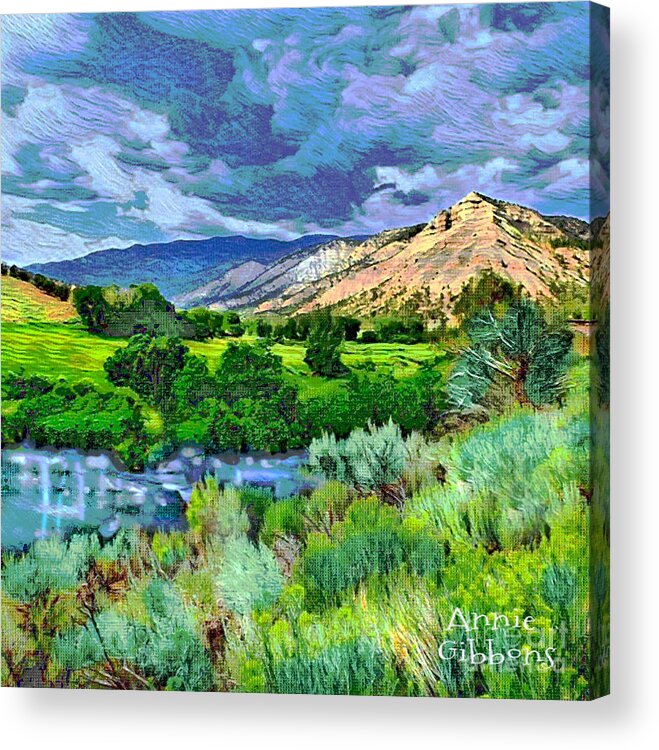 Rain Clouds Hover Over An Idyllic Valley Colorado Grey Blues Greens Teals Tan Pink And Purple Acrylic Print featuring the digital art Rain Clouds on the way to Sweetwater by Annie Gibbons