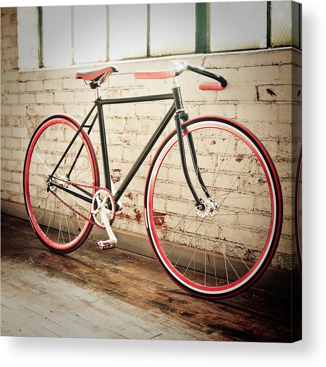 Michigan Acrylic Print featuring the photograph Red Bicycle Leaning Against Brick Wall by Rudy Malmquist