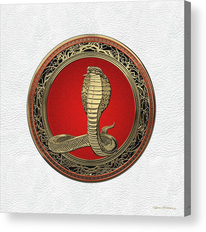 'beasts Creatures And Critters' Collection By Serge Averbukh Acrylic Print featuring the digital art Sacred Gold King Cobra on White Leather by Serge Averbukh