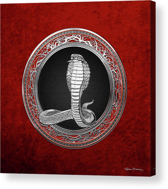 'beasts Creatures And Critters' Collection By Serge Averbukh Acrylic Print featuring the digital art Sacred Silver King Cobra on Red Canvas by Serge Averbukh