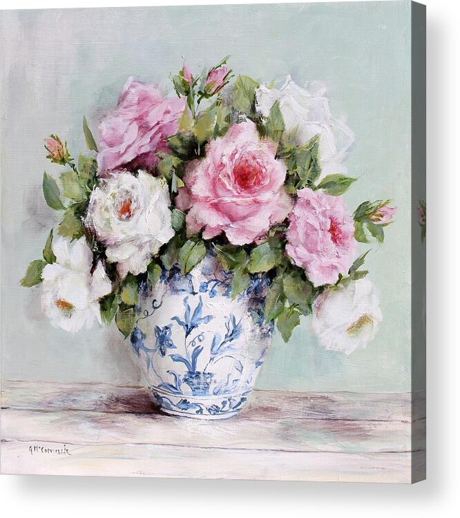 Pink Acrylic Print featuring the painting Scented Roses in Blue and White Vase by Gail McCormack