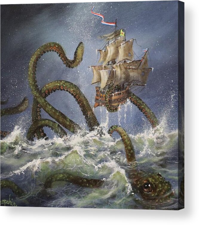 Kraken Acrylic Print featuring the painting Sea Monster by Tom Shropshire